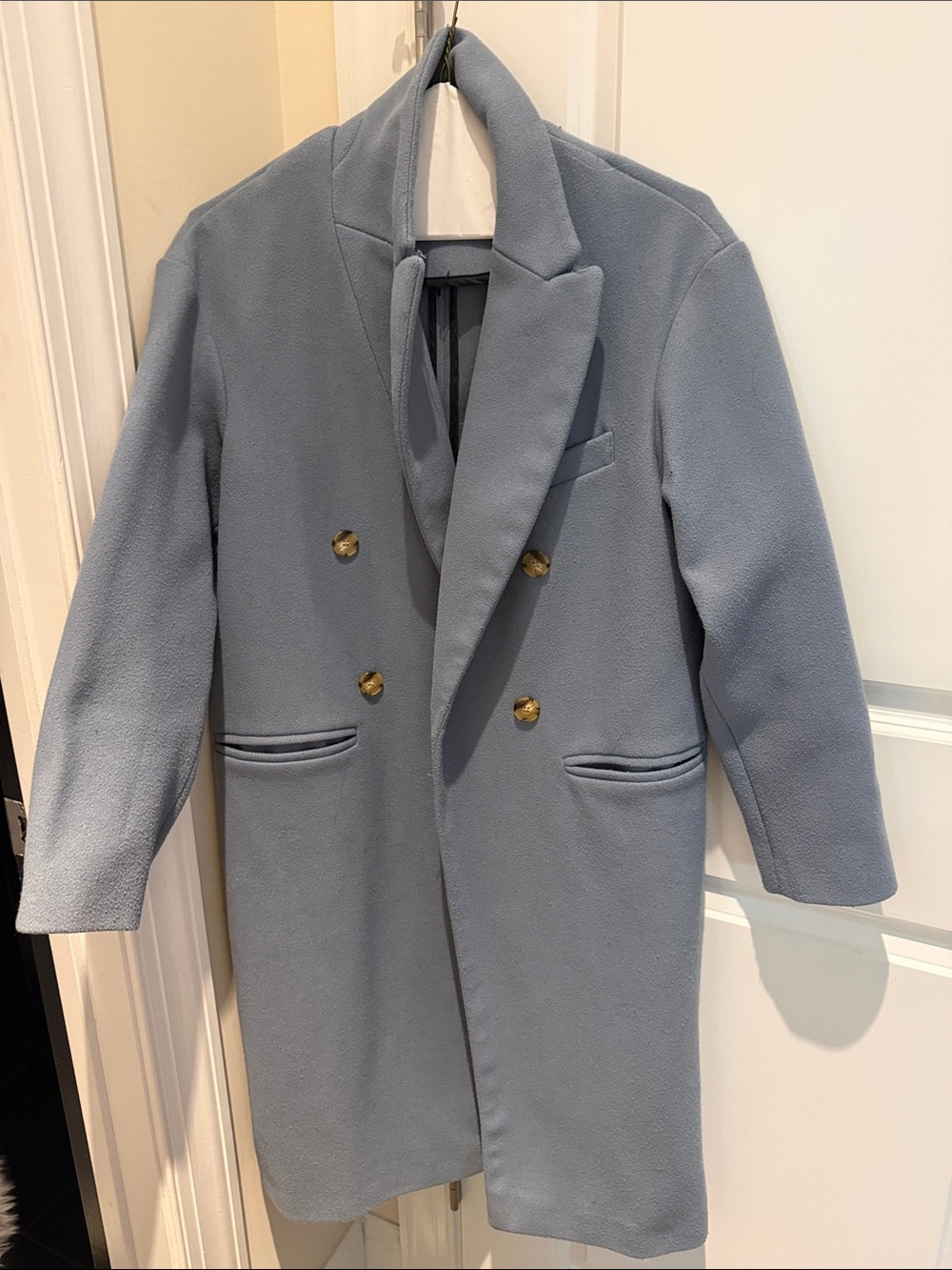 Topshop Double-Breasted Pale Blue Pea Coat with Gold Buttons